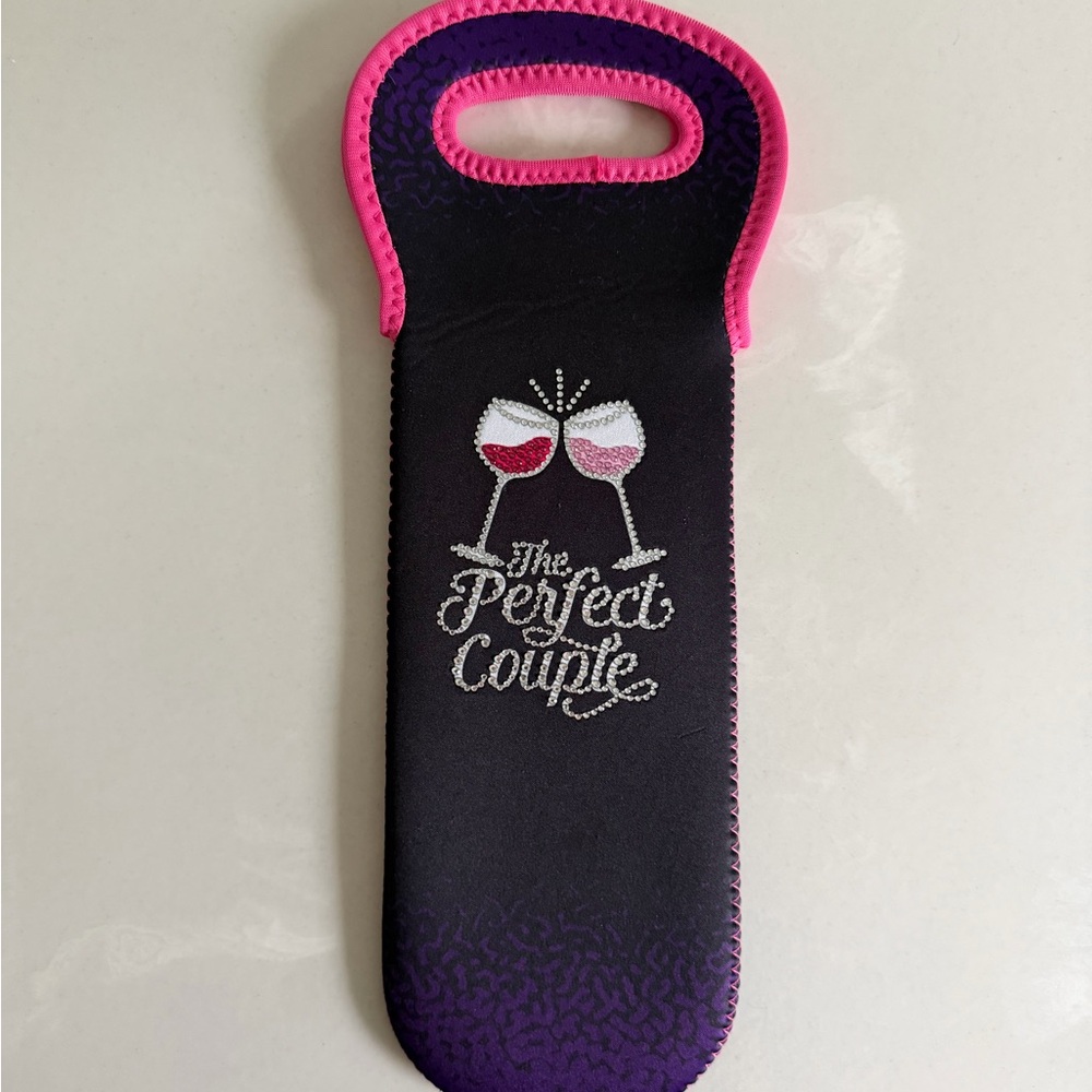 NWOT Wine Tote Koozie Black Purple Pink with Rhinestone Design